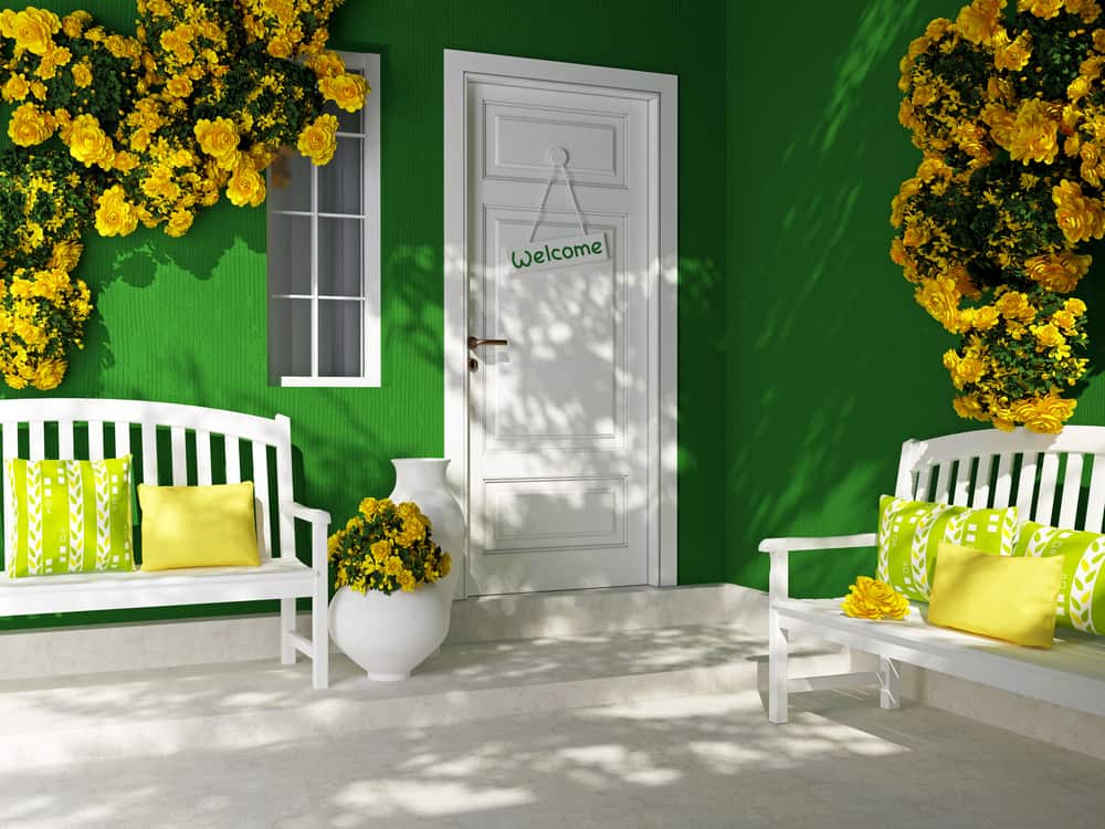 green facade white benches yellow detailing