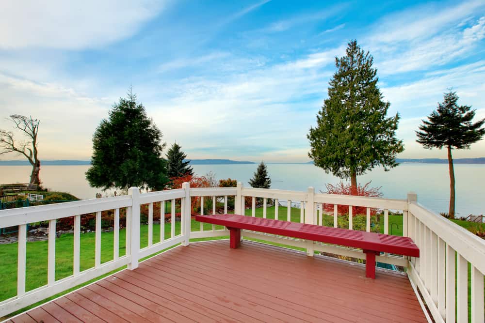 red bench white railing