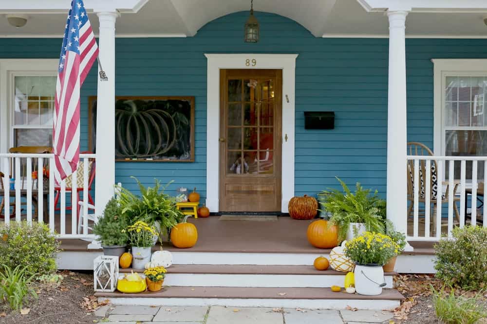 fall pumpkins plants blue facade