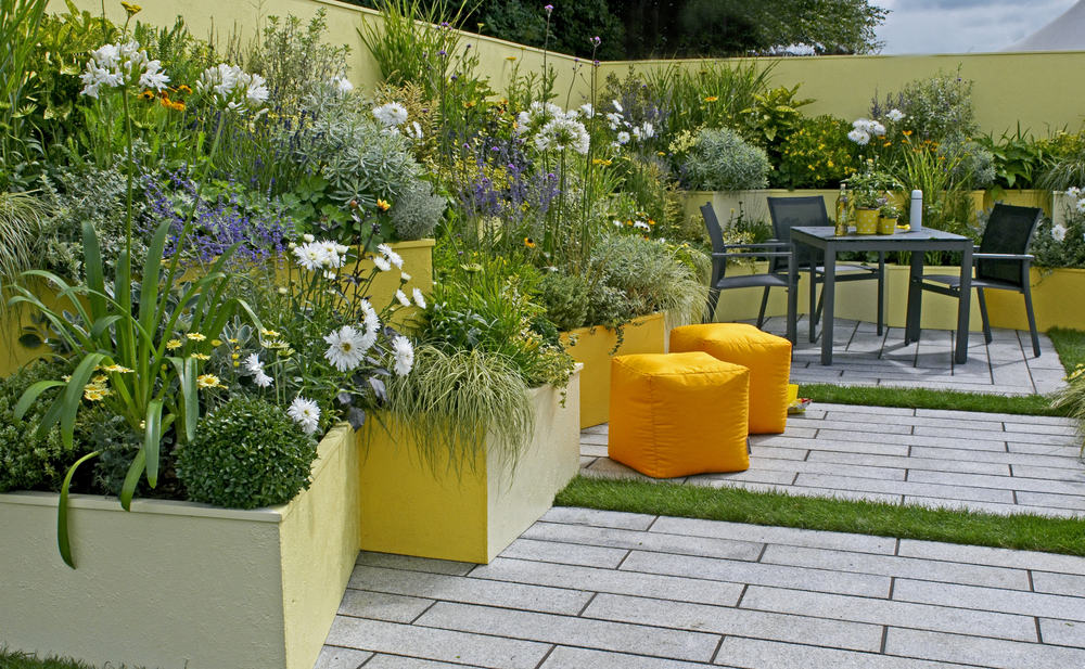 yellow raised gardens orange seating