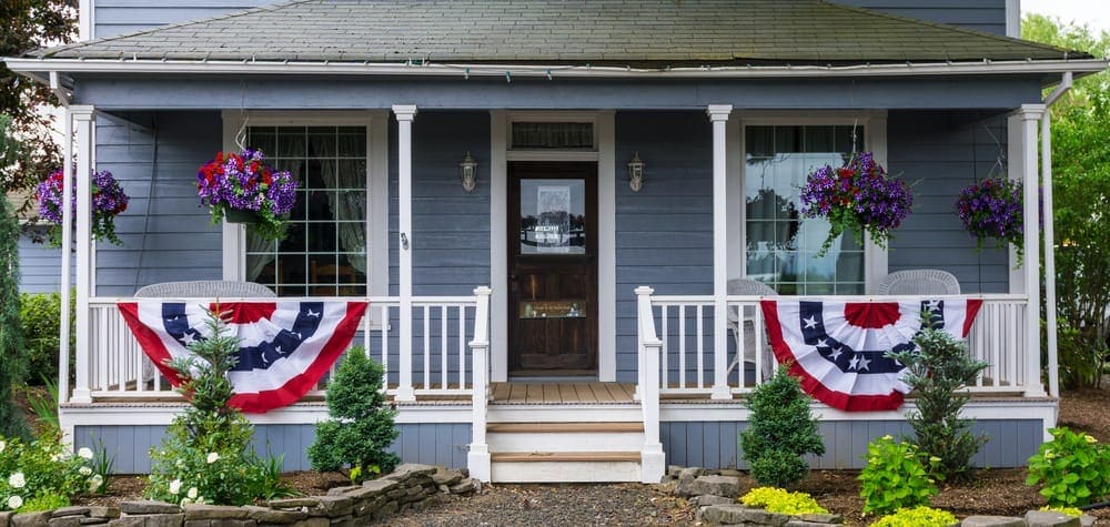 flags railing and grey blue