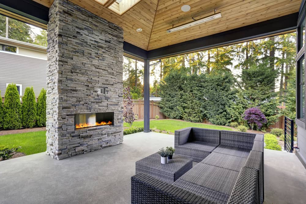 brick and glass simple fireplace