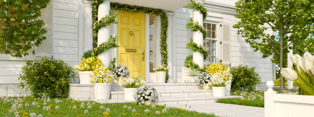 yellow door flowers columns