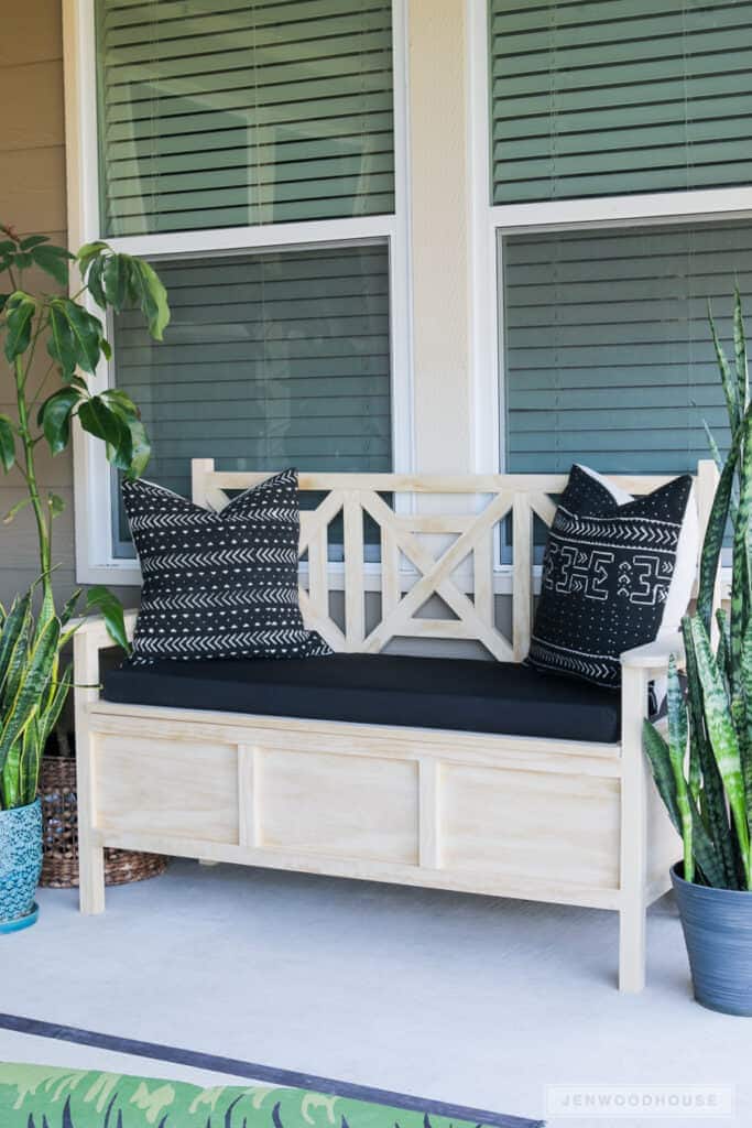 DIY Outdoor Storage Bench It is so convenient to build furniture that also is a storage solution all in one. That is exactly what you get with this DIY outdoor storage bench. Not only does this look fabulous it isn't hard to make either. You can stain the wood or paint it so it will match your other furniture. thesawguy.com