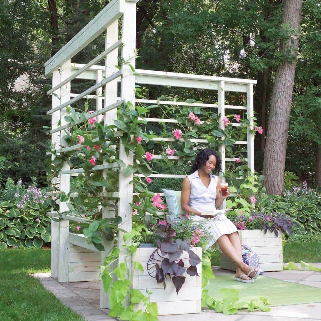 DIY Arbor With Built-In Benches Your backyard is going to be so beautiful and you will have a lot of additional seating when you make this arbor with built-in benches. Use climbing plants for a pop of vibrant color. I know it looks like a lot of work, but it is surprisingly easy to make. thesawguy.com