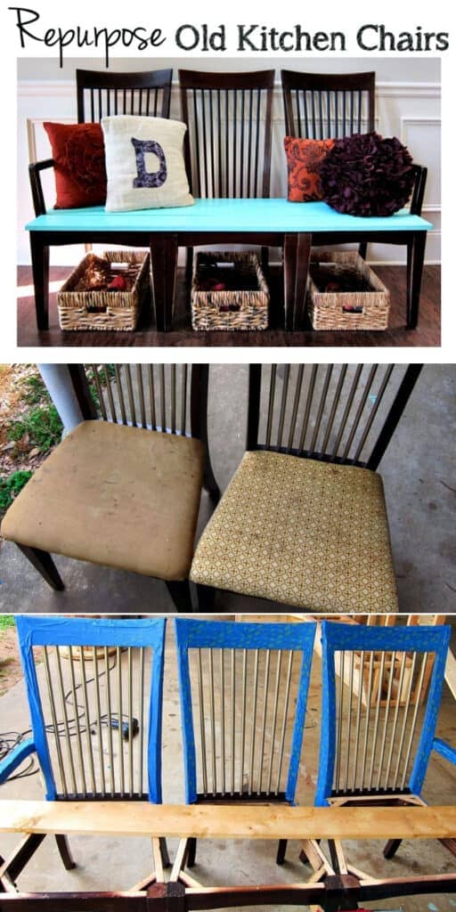 Creative bench from up-cycled chairs - These furniture hacks will turn outdated and old furniture into treasured pieces. From little to no money you can have creative furniture statements throughout your home. thesawguy.com