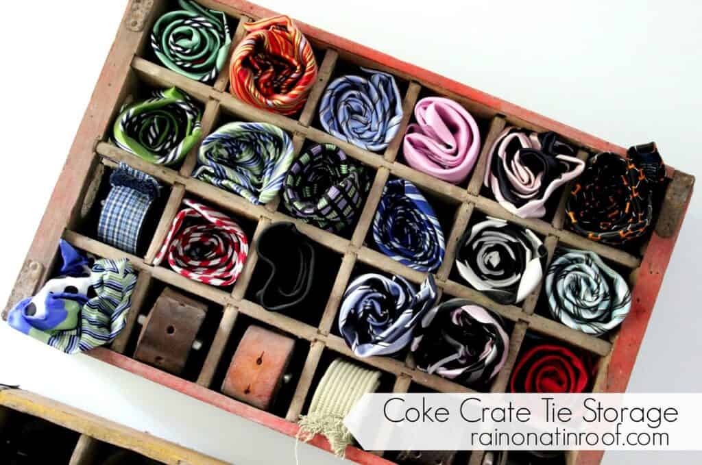 Coke Crate Tie Organizer Have a bunch of ties and aren't sure where to store them? Look no further because this Coke crate tie organizer is downright epic! No more hanging them on hangers and having them fall on the floor. Plus, if you want to be really organized you can color code them.