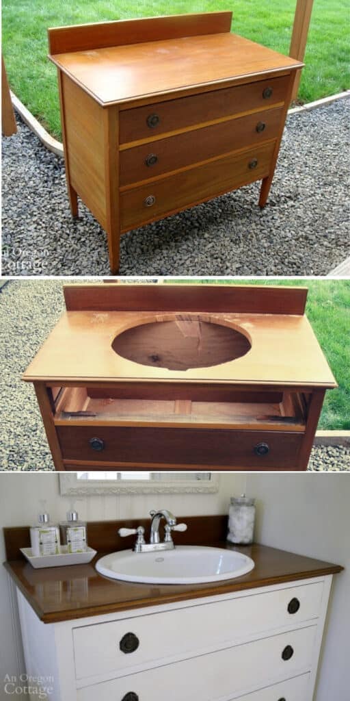Clothes Dresser to Vanity DIY - These furniture hacks will turn outdated and old furniture into treasured pieces. From little to no money you can have creative furniture statements throughout your home. thesawguy.com