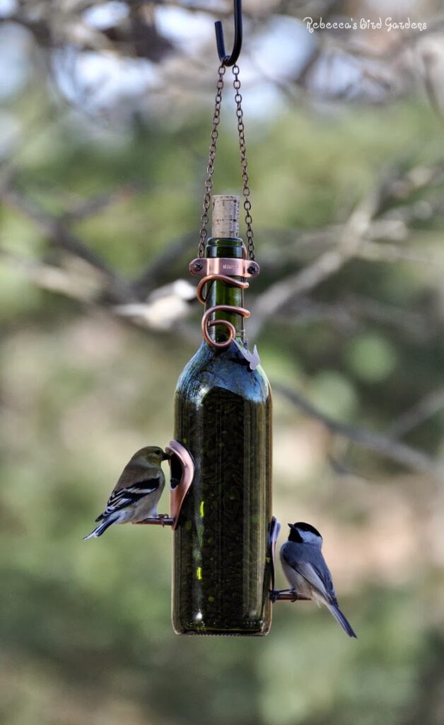 Wine Bottle Bird Feeder If you love sitting in the great outdoors watching birds you should make a wine bottle bird feeder! Each feeder is really easy to make and you can choose all different colors of wine bottles. Plus, you will have some really happy birds! thesawguy.com