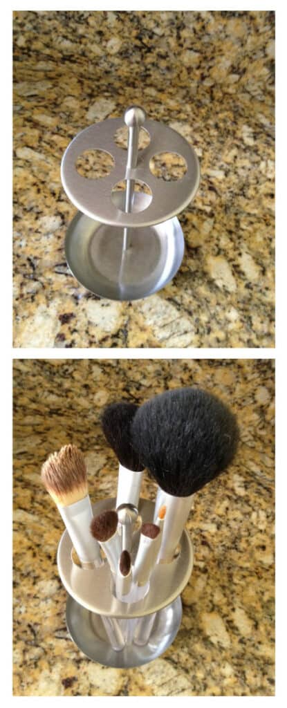 Makeup Brush Holder Transform a toothbrush holder into a makeup brush holder. The brushes will be much easier to find when they are all conveniently located in one place. Plus, they look great in the holder instead of strung around the counter.