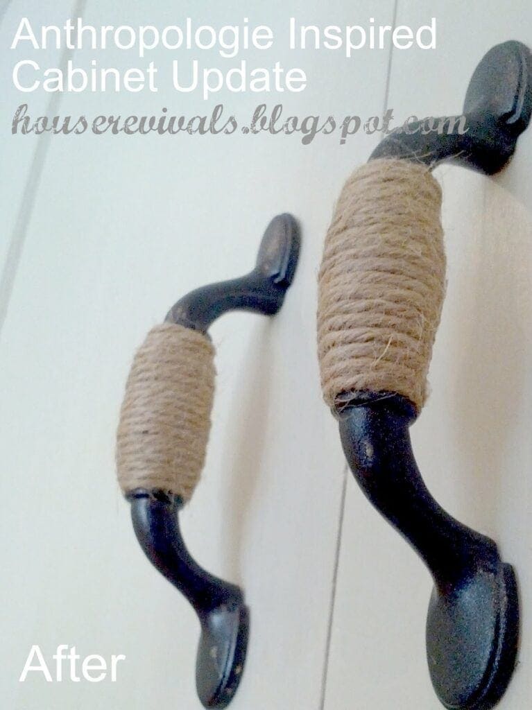 DIY Twine Wrapped Handles We all know how expensive cabinet hardware can be, so use some twine and create beautiful rustic hardware with minimal effort. Give your kitchen or bathroom a facelift with this unique ideas. thesawguy.com