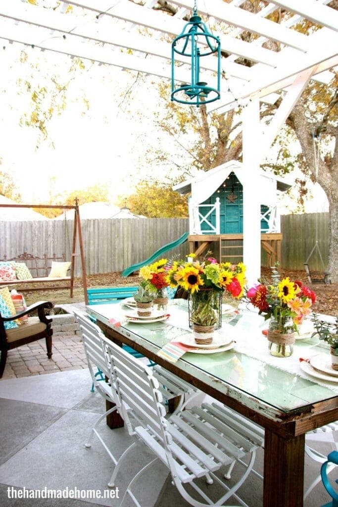 DIY Table From Old Door Turn an old door into an awesome outdoor dining table. Gather around the table for your next outdoor party and all your guests will be shocked you made it! The best part is you only need a few supplies and very few tools.